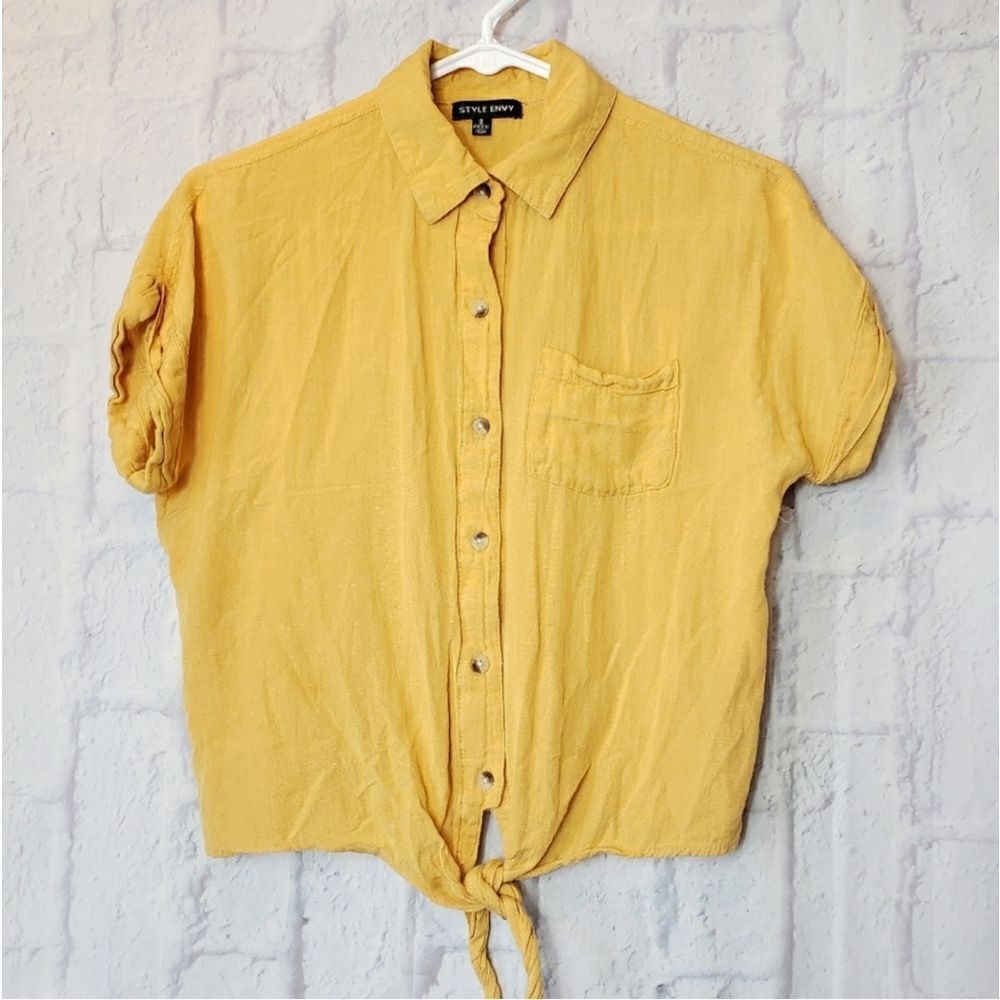 STYLE ENVY Linen-Blend Knotted Front Cropped Button Down Shirt Small